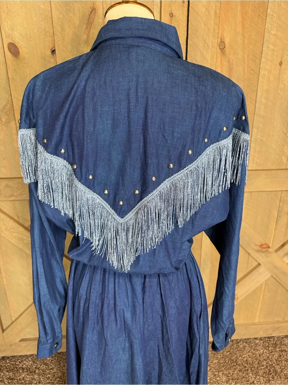 Vintage Sas’sa blue chambray denim western dress with fringe Size Large